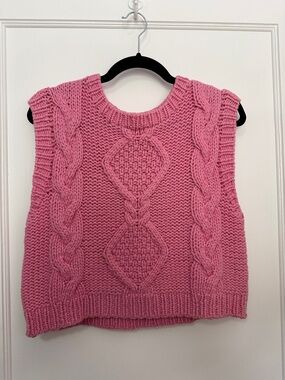 RIXO Pink Cable-Knit Sleeveless V-Neck Sweater Vest
